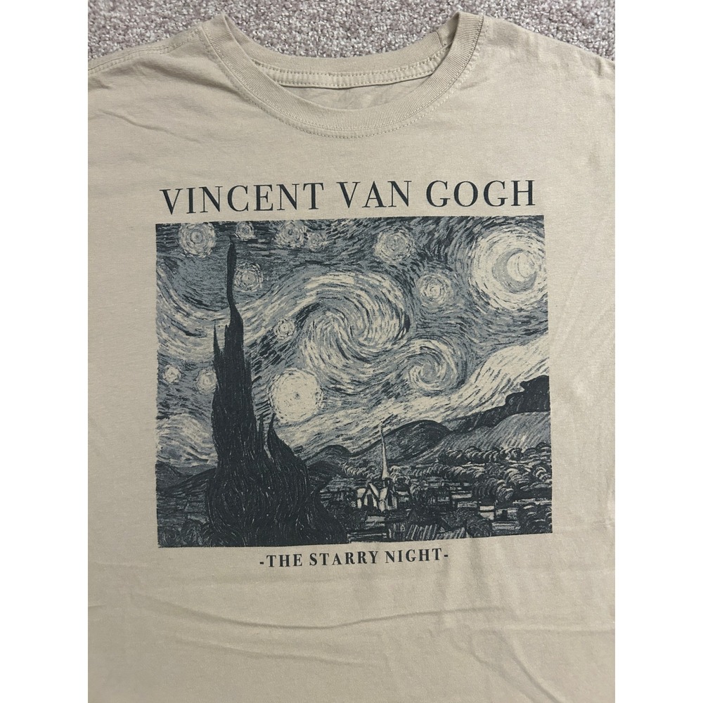 Mighty Fine Vincent Van Gogh Starry Night Tee Mens Medium Tan Excellent Graphic